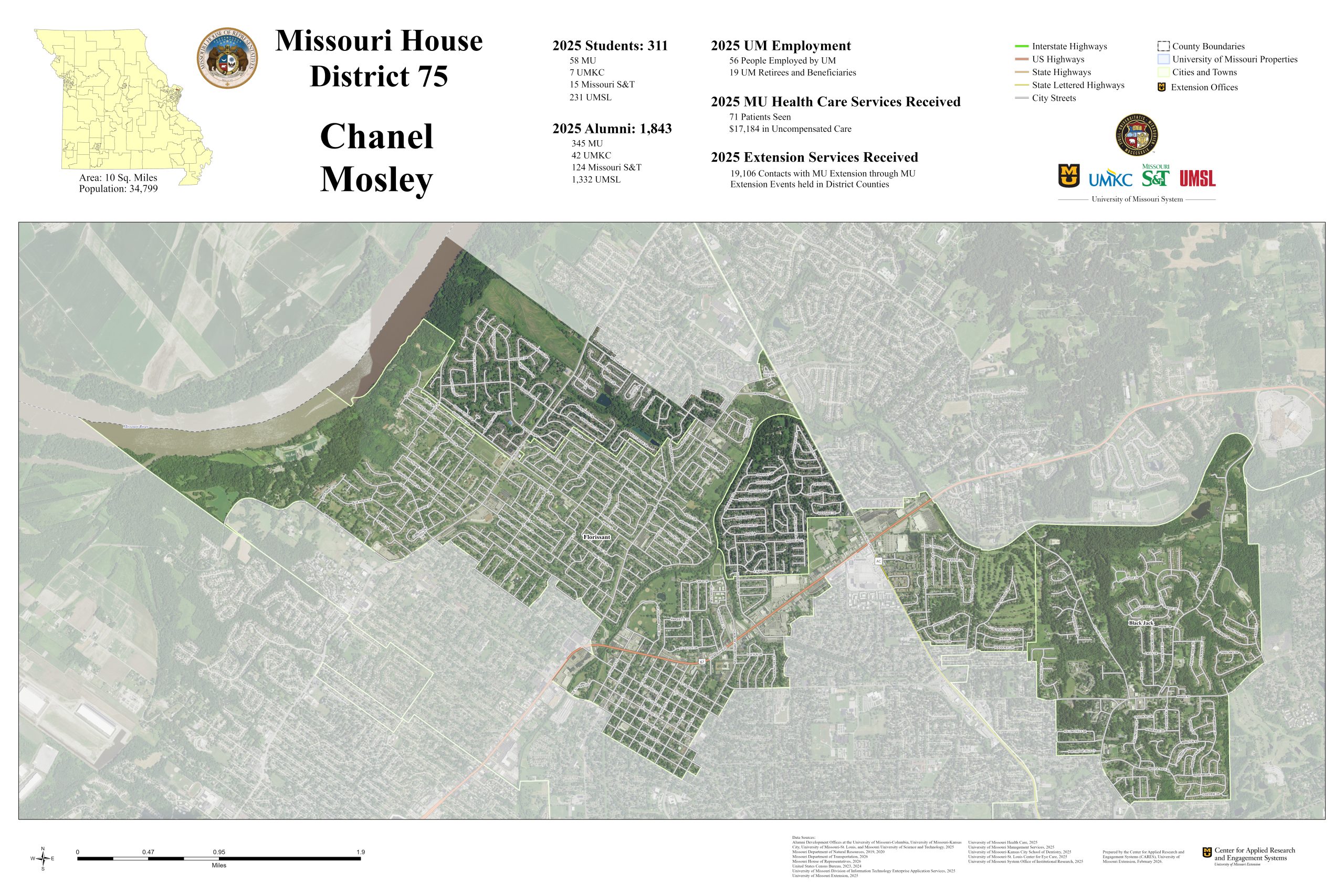 A map of House District 79 in Missouri. A green map of the district shows with data above it.